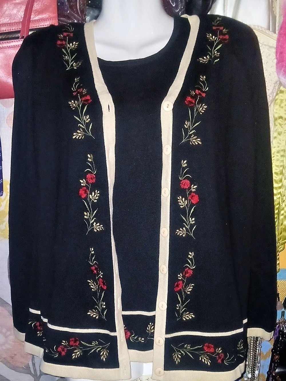 90s Vintage Dressbarn Floral Embroidered Cardigan & Tank 2pc. Matching Set M